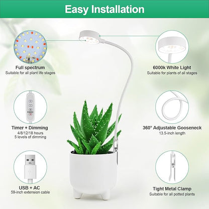 Grow Lights for Indoor Plants, Pot Clip LED Plant Lights for Indoor Growing, Full Spectrum, Plant Lamp with 5-Level Dimmable, Auto On Off 4/8/12/18 Hrs Timer for Succulents, Small Plant, White, 5V.