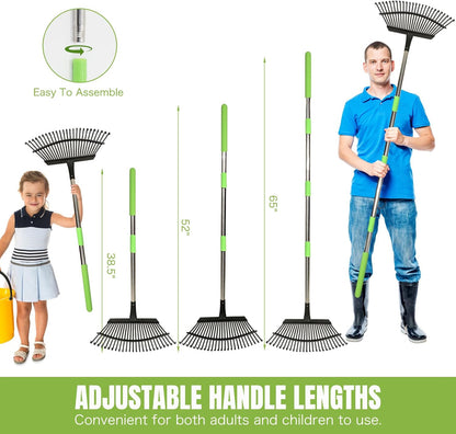 Joyhalo Rake for Leaves Adjustable 65 Inch Long, 18 Inch Wide Garden Rake with 25 Tines, Metal Leaf Rakes, Rakes for Lawns, Gathering Leaves, Weeds, Debris