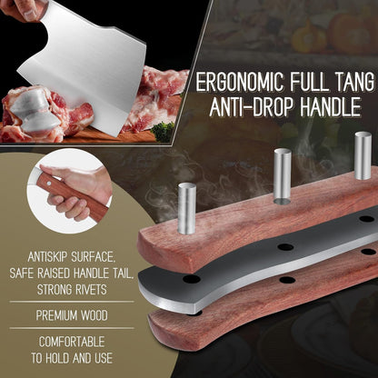 ROCOCO Meat Bone Cleaver Knife for Meat Cutting Heavy Duty Butcher Axes Hand Forged Full Tang Chopper for Kitchen Thanksgiving Christmas Gifts Idea Men Silver