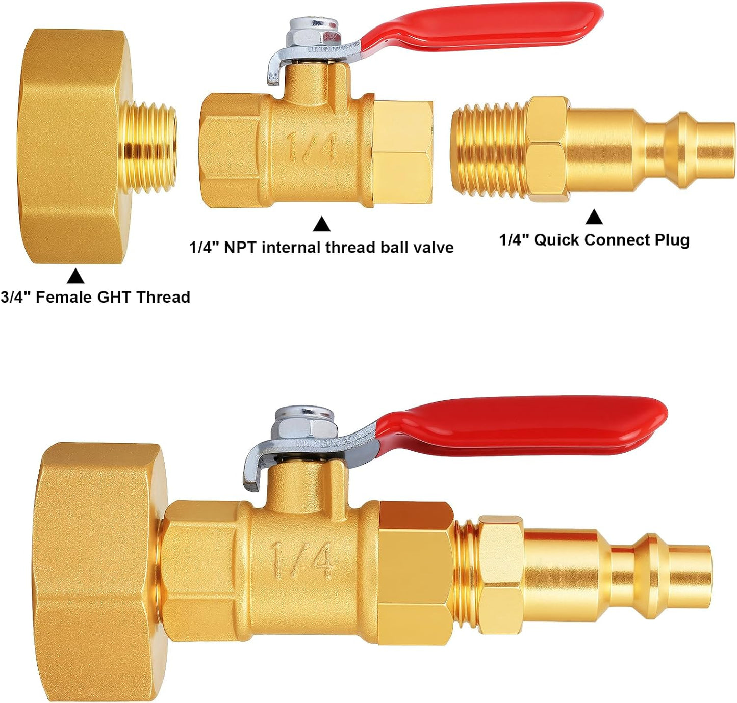 RV Winterize/Winterization Blowout Adapter - Brass with Ball Valve, 1/4" Male Quick Connect to 3/4" Male & Female GHT Garden Hose Thread