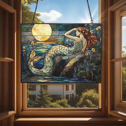 Rectangle Art Nouveau Moonlit Mermaid Stained Glass Sun Catcher, Wall Hanging Colored Decor Room Outdoor Window Decor, Halloween, Christmas Hanging Ornament Mother Day