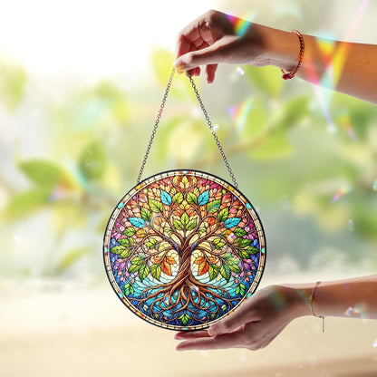 7.8" Tree of Life Suncatcher, Stained Glass Window Hangings Decorations, Tree Sun Catcher Effect, Suncatcher Decor for Home Garden Housewarming, Spiritual Gifts for Men Women Girl ART-13E-SG8