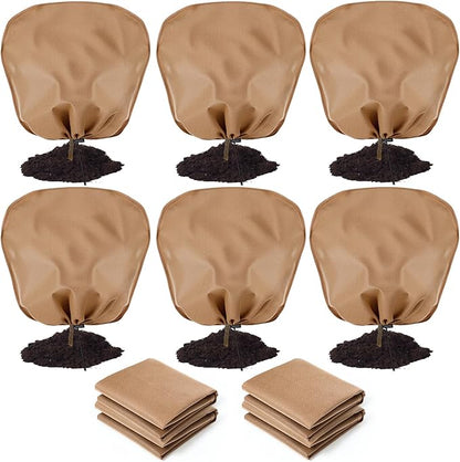 6 Pcs Winter Plant Covers Freeze Protection Reusable Plant Protector Bag with Drawstring Warm Shrubs Cover Frost Protection Planting Jacket Bags for Outdoor Garden, Brown (39.4 x 39.4 Inch)