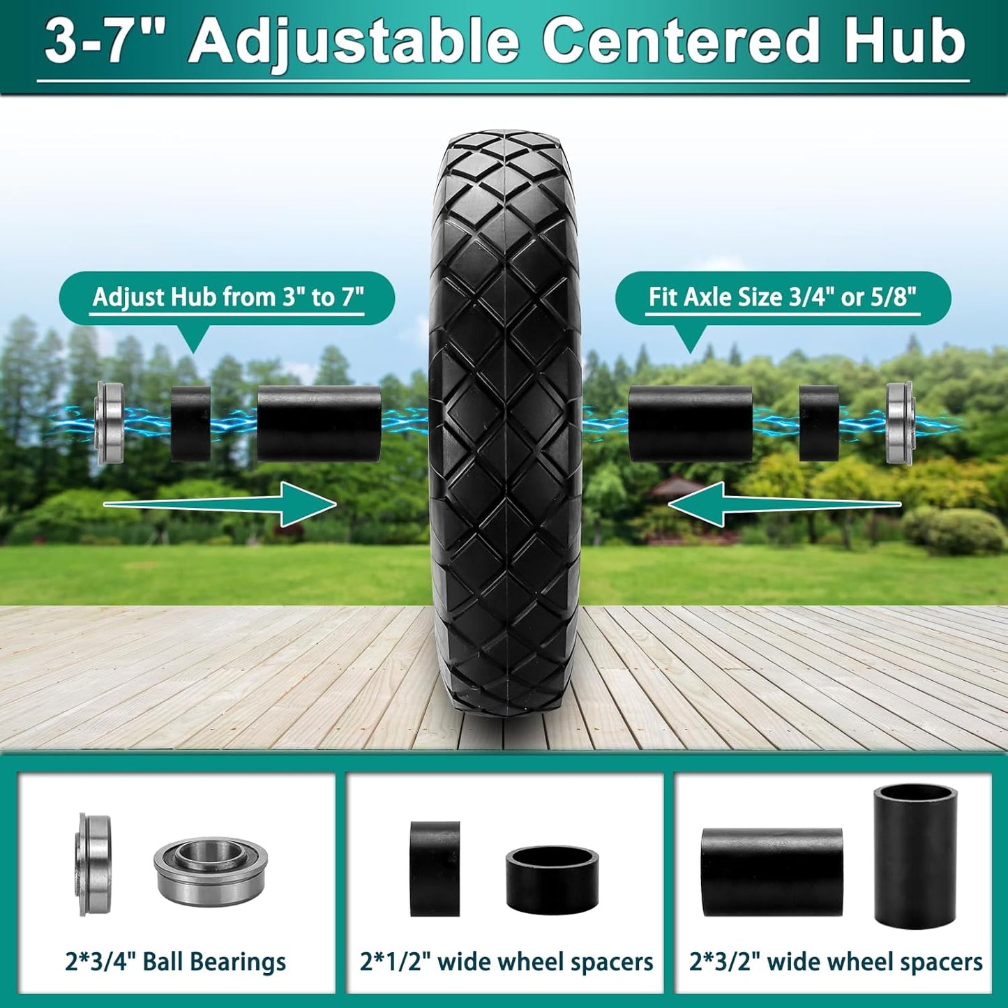 4.80/4.00-8 Flat Free Tire and Wheel- 16" Flat-Free Solid Wheelbarrow Tires with 5/8" & 3/4" Bearings, 3"-7" Centered Hub by Cenipar Universal Fit for Wheelbarrow,Hand Truck,Garden Trailer,Trolley