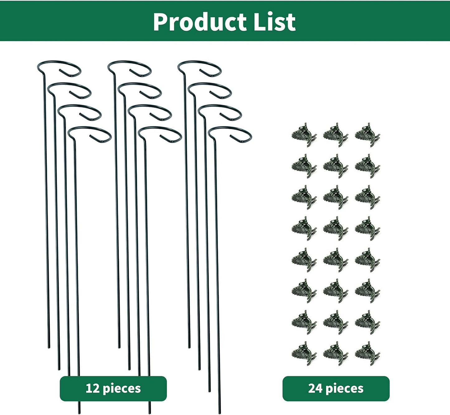 12 Pack Plant Support Stakes with 24 Pcs Plant Clips, Garden Single Stem Support Stake, Plant Cage Support Ring for Indoor Outdoor Flowers Rose Amaryllis Tomatoes Peony Lily Orchid (24 Inch)