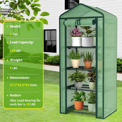 4-Tier Mini Greenhouse Indoor Outdoor with Shelves, Portable Small Green House for Plants with Durable PE Cover & Zipper Door for Seed Starting, Balcony, Patio Garden