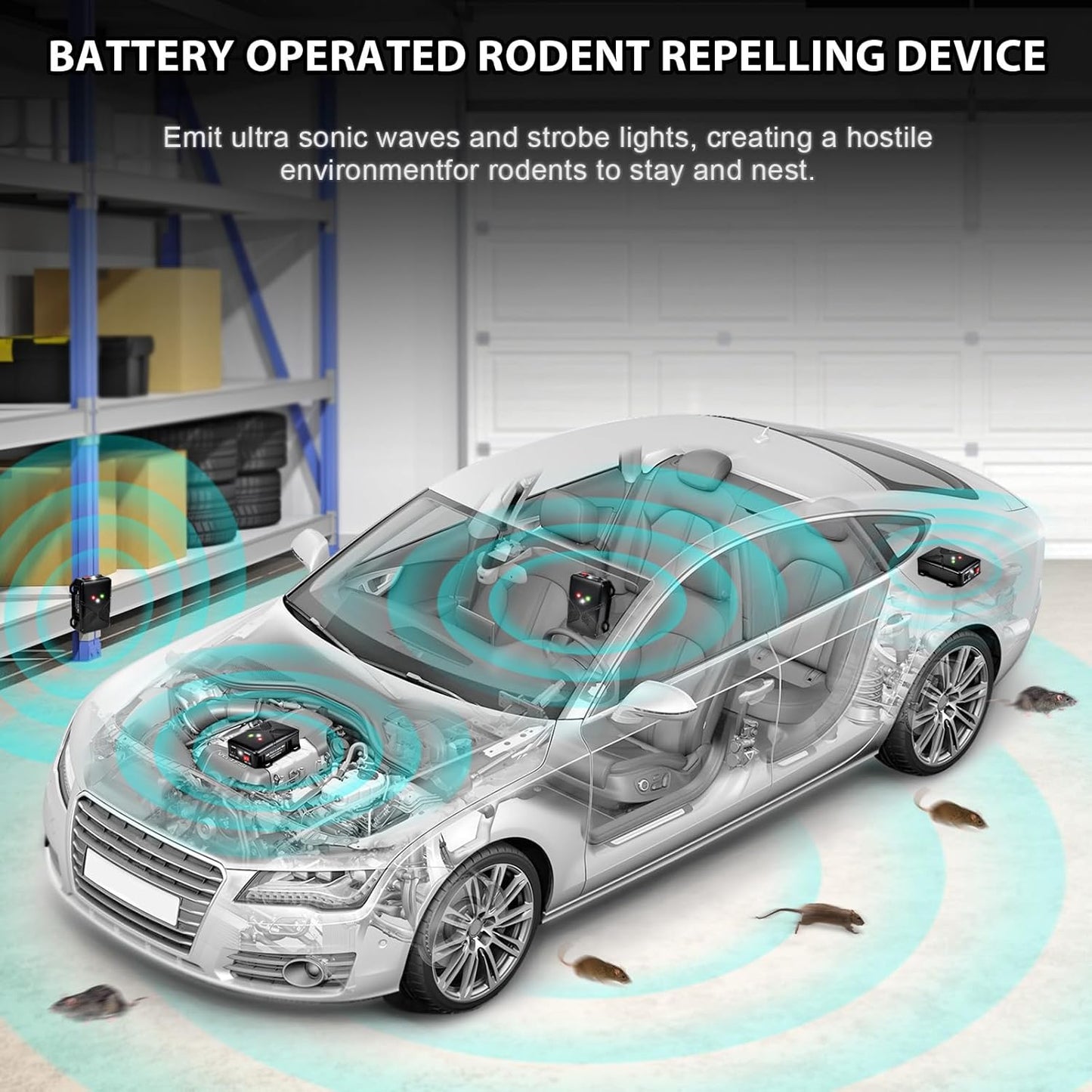 Ultrasonic Rodent Repellent for Car Engine - Battery Powered Under Hood Animal Repeller with Flashing Strobe Light, Keeps Rats and Mice Away from Vehicle, Automobile, Truck, Garage, Attic, Pack of 2