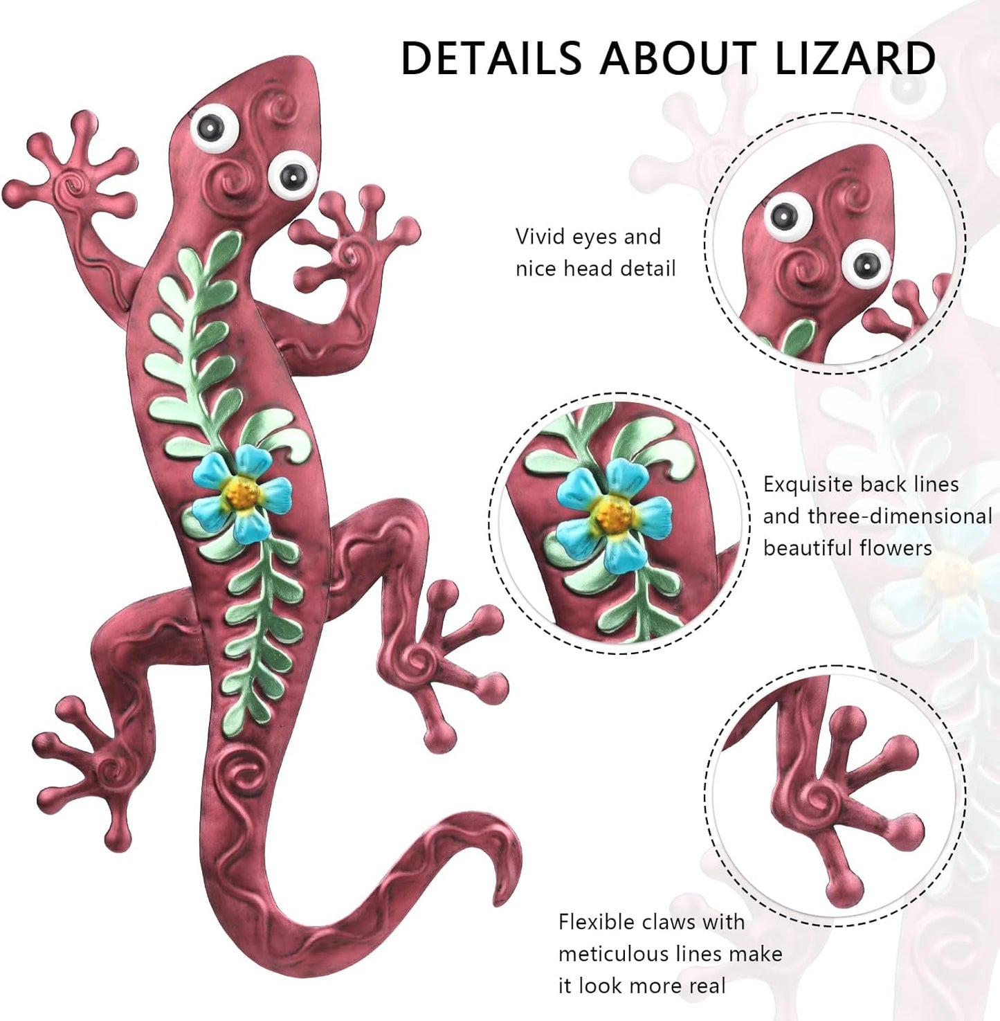 VCUTEKA Outdoor Metal Gecko Wall Art Lizard Wall Sculpture with Flower Outside Wall Sculpture Hanging Wall Decoration for Garden Patio Fence Yard Balcony Decor Brown