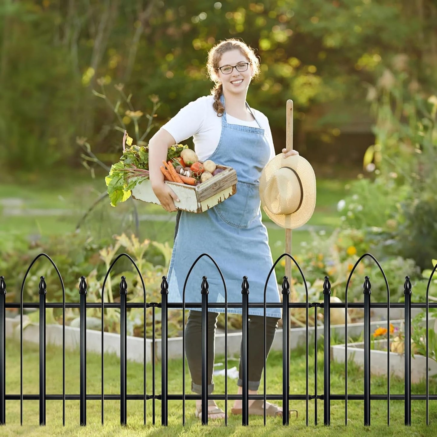 Garden Fence 24" H x 24" W (5 Panels, Total Length 10 feet), Metal Decorative Border Folding Fence, Landscape Fencing for Dog, Flower Bed, Yard, Animal Barrier