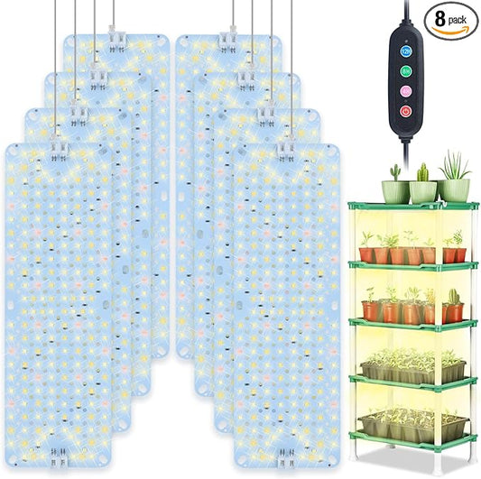 8Pack Flat Panel Grow Lights for Indoor Plants, Seed Starting, Vegetables with 4/8/12 Hr Timer, 80W Full Spectrum LED Plant Growing Lamps for Cabinet/Shelves/Greenhouse, Plug-and-Play, Connect Freely