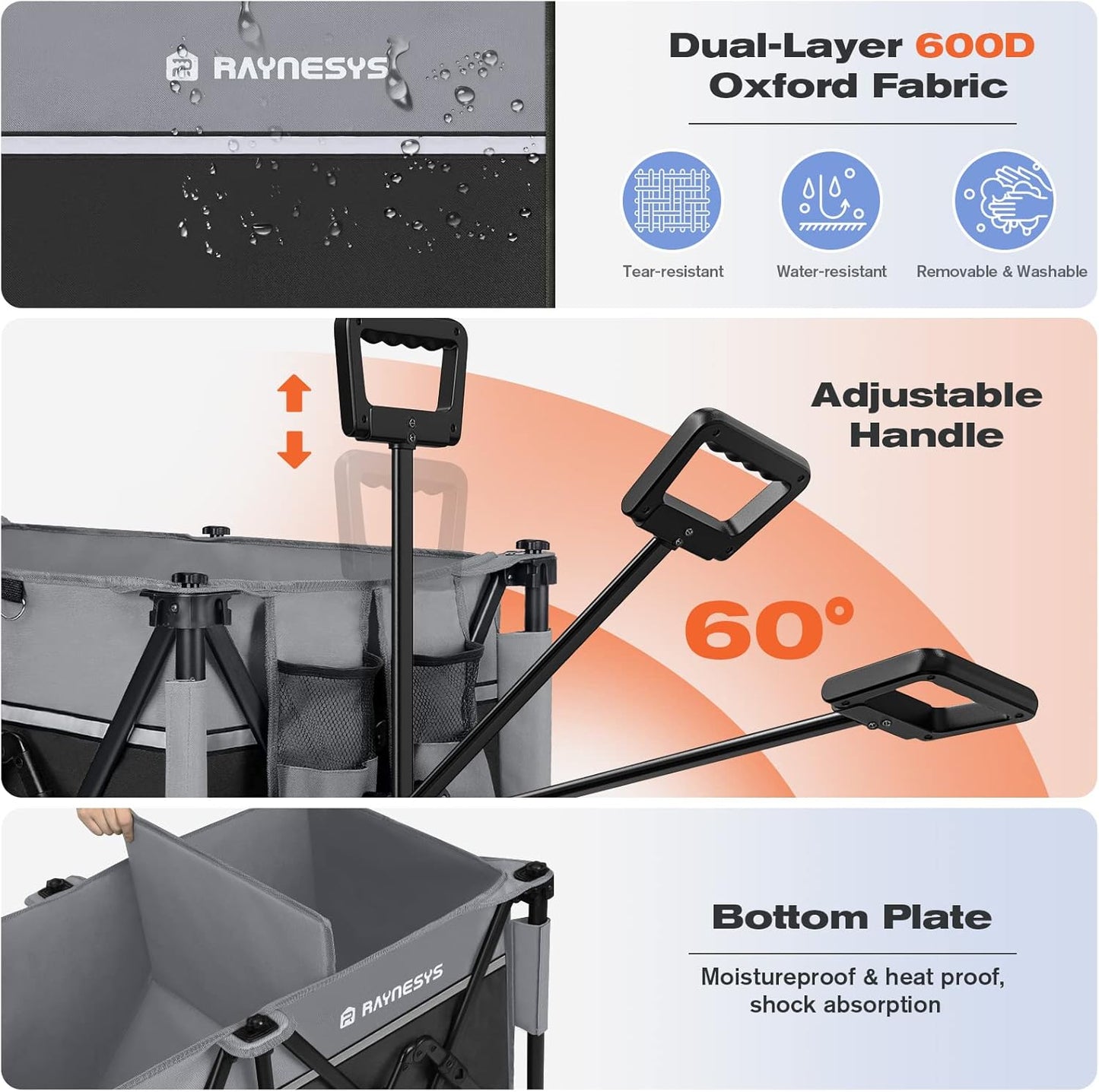 Collapsible Foldable Wagons, 440 lbs Weight Capacity Beach Wagon with Big All-Terrain Wheels, Heavy Duty Foldable Wagon,Utility Carts for Outdoor, Sports, Shopping, Camping, Black & Gray