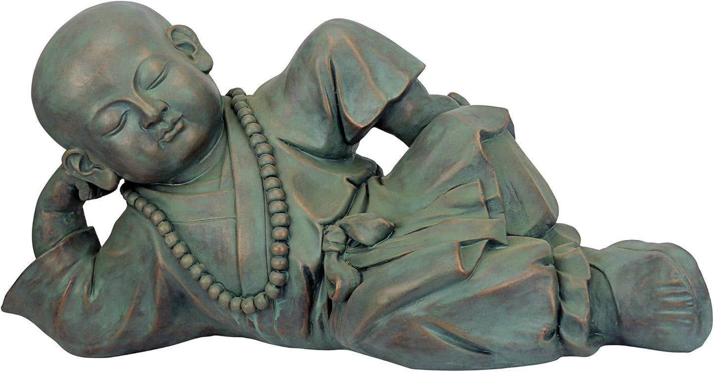 Design Toscano Resting Serene Baby Monk Asian Boy Garden Statue, 24 inches Wide, 12 inches Tall, Cast Stone Resin, Green Bronze Finish