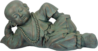 Design Toscano Resting Serene Baby Monk Asian Boy Garden Statue, 24 inches Wide, 12 inches Tall, Cast Stone Resin, Green Bronze Finish