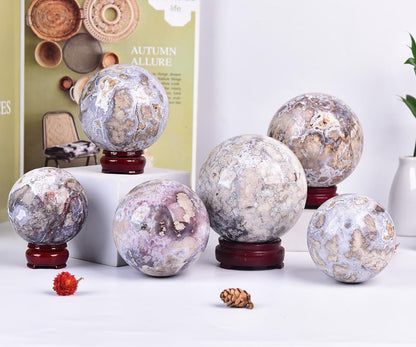 JIC Gem Large Blue Cherry Blossom Agate Crystal Ball with Stand Crystal Sphere Natural Sakura Flower Agate Stone Reiki Healing Meditation Witchcraft Home Decor 2.7-3.1 inch(70-80mm)