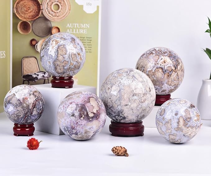 JIC Gem Large Blue Cherry Blossom Agate Crystal Ball with Stand Crystal Sphere Natural Sakura Flower Agate Stone Reiki Healing Meditation Witchcraft Home Decor 3.1-3.5 inch(80-90mm)