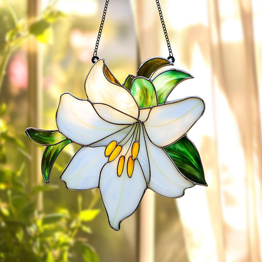 White Lily Flower Acrylic Suncatcher Stained Glass Effect Window Car Hanging Christmas Ornament