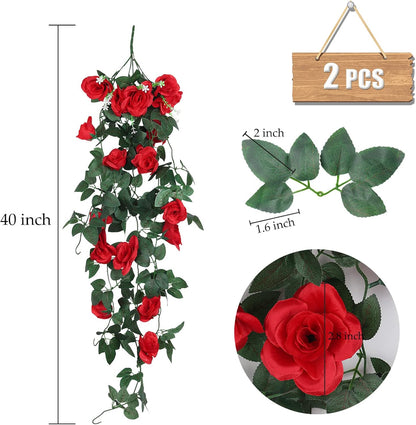 RECUTMS Hanging Flowers Artificial Plants 2PCS 3.3Ft Rose Vine Flower for Home Room Garden Wedding Indoor Outdoor Decoration (Red)