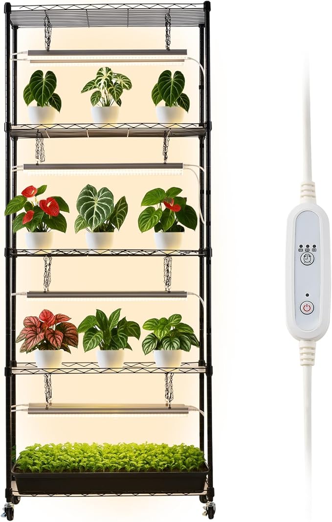 VEVOR Plant Shelf with Grow Light, 6-Tier Indoor Plant Stand, 71 in Tall Plants Display Rack with Wheels & 4/9/14H Timer, 80W T5 LED Full Spectrum Grow Lights, Flower Pot Holder for Seed Starting