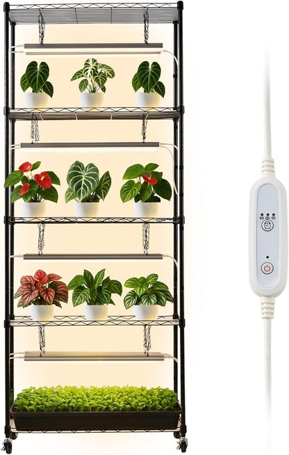 VEVOR Plant Shelf with Grow Light, 6-Tier Indoor Plant Stand, 71 in Tall Plants Display Rack with Wheels & 4/9/14H Timer, 80W T5 LED Full Spectrum Grow Lights, Flower Pot Holder for Seed Starting