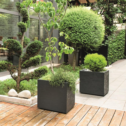 Deroma Gravity 10” Cube Planter | Light & Durable Plastic | Indoor or Outdoor Square Pot for Patio/Porch | Includes Water Reserve & Drain Plug | Trendy Planter for Plants, Flowers, Garden | Black