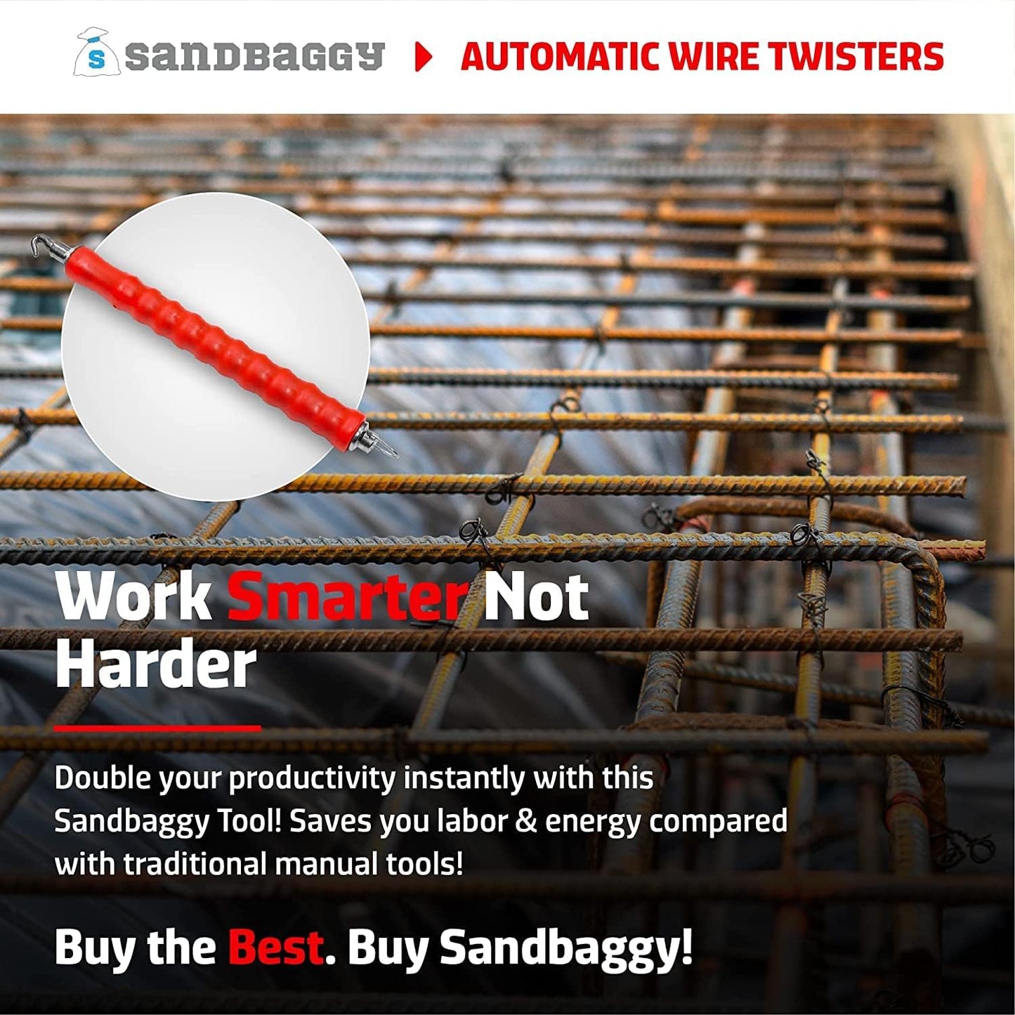 Sandbaggy Automatic Rebar Wire Tie Twister Tool | Ties Rebar 2X Faster Than Manual Tool | Galvanized Steel Components to Prevent Rust (5)