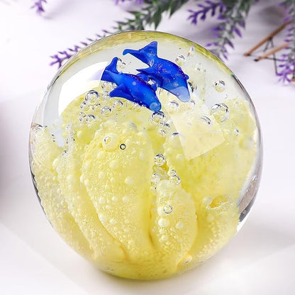 Decorative Crystal Ball Figurines Coral Fish Paperweight Blown Glass Decor Sea Art Ocean Lovers Gift Yellow 3.15"