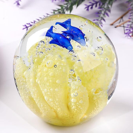 Decorative Crystal Ball Figurines Coral Fish Paperweight Blown Glass Decor Sea Art Ocean Lovers Gift Yellow 3.15"