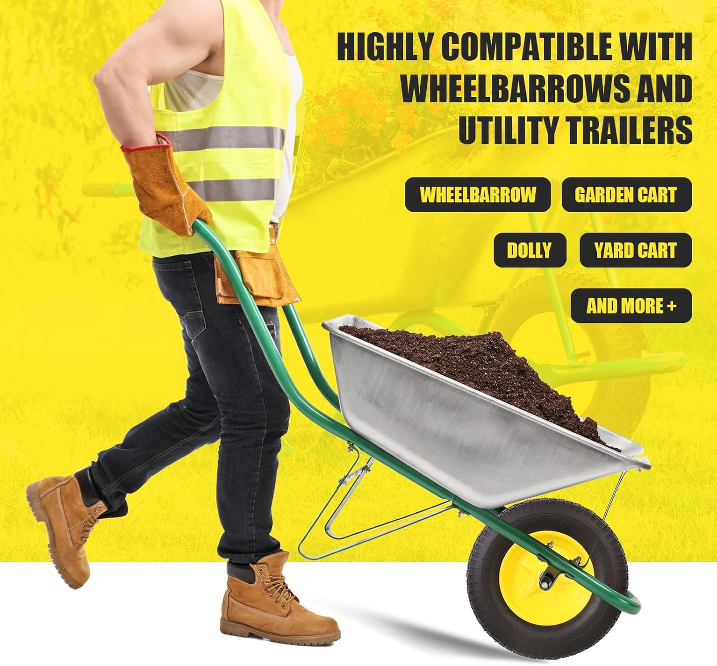 4.80/4.00-8 Tire & Wheel, Set of 2 Heavy Duty Pneumatic Rubber Wheels, 16 in Wheelbarrow Tires with 5/8" Bearings, Compatible with Hand Truck, Wagon, Dolly, Garden Cart, Dump Cart