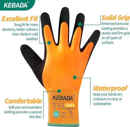 Kebada T1 3 Pairs Waterproof Winter Work Gloves for Men and Women, Warm Work Gloves for Cold Weather, Thermal Insulated Freezer Gloves, 100% Latex Coating & Super Grip, Unisex, Medium