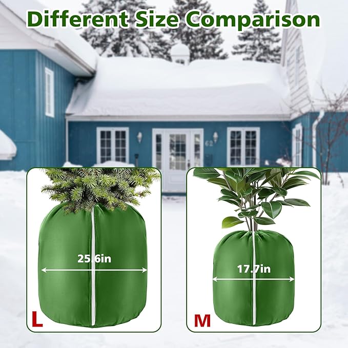 2 Pcs Large Plant Pot Covers for Winter Potted Plant Freeze Protection Cover Frost Jacket with Zipper Drawstring to Keep Outdoor Plants Flowers Shrubs Trees Warm (25.6" D x 19.7" H - Green)