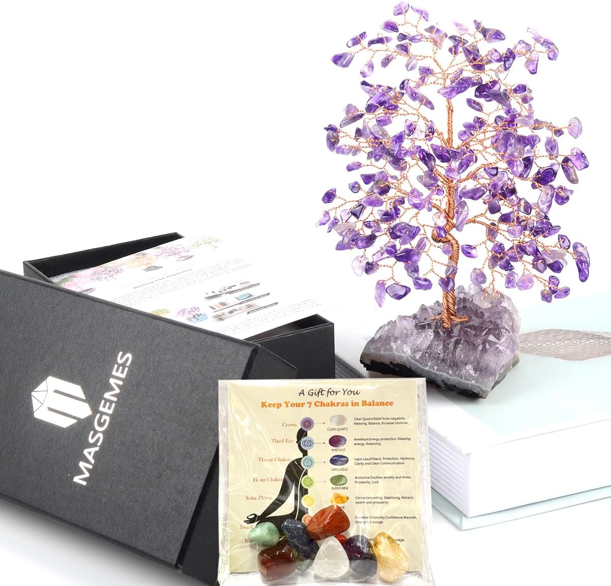Natural Amethyst Crystal Tree of Life with Amethyst Geode Cluster,Bonsai Feng Shui Money Tree,Chakra Balance Healing Crystals Positive Energy Gift 5.5"-6.3"