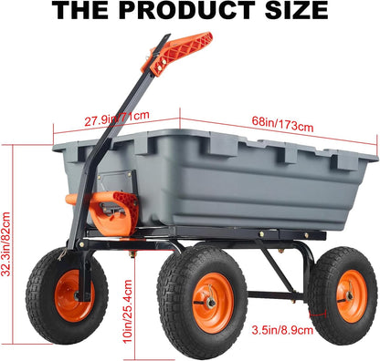 Garden Dump Cart,800lbs Heavy Duty Poly Yard Dump Garden Cart,with 10-Inch Tires,180° Rotating Handle,Steel Frame and Quick Release System for Garden,Lawn,Barn,Farm