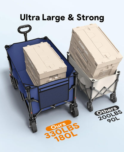 Wagon Carts Foldable, 180L Collapsible Foldable Wagon with 330lbs Weight Capacity, Heavy Duty Utility Cart with Drink Holders and Brakes for Beach Camping Shopping Sports Wheelbarrows, Blue