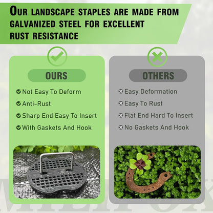 50 Pack Landscape Staples with 50 Pack Gaskets 6" Galvanized Steel Garden Stakes Staples Heavy Duty U-Shaped Lawn Pins for Ground Weed Fabric Barrier Cover Yard Tents