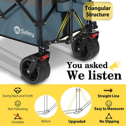 Sekey 48''L Collapsible Foldable Extended Wagon with 440lbs Weight Capacity, Heavy Duty 300L Folding Utility Garden Cart with Big All-Terrain Beach Wheels & Drink Holders. Blue&Grey
