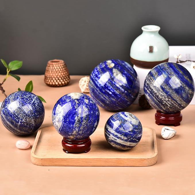 JIC Gem Lapis Lazuli Crystal Sphere with Wooden Stand,Decorative Crystal Ball Blues Gemstone Sphere for Meditation,Feng Shui,Witch-Style Decor,Office Table 70-80mm