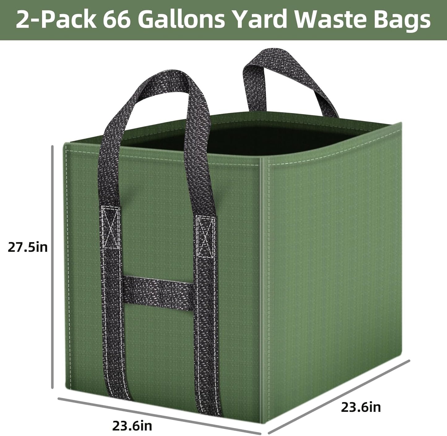 2-Pack 66 Gallons Reusable Yard Waste Bags, Upgrade Heavy Duty Foldable Garden Leaf Bag Lawn Bags Trash Bag Waste Container, Keep Upright (25.5" L × 25.5" W × 27.5" H)