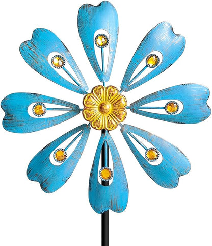 Flower Outdoor Metal Wind Spinner, Single-Layer Kinetic Garden Art with Vibrant Blue Finish - Weatherproof Wind Sculpture for Lawn, Patio, Yard Decor - 10''W x 36''H