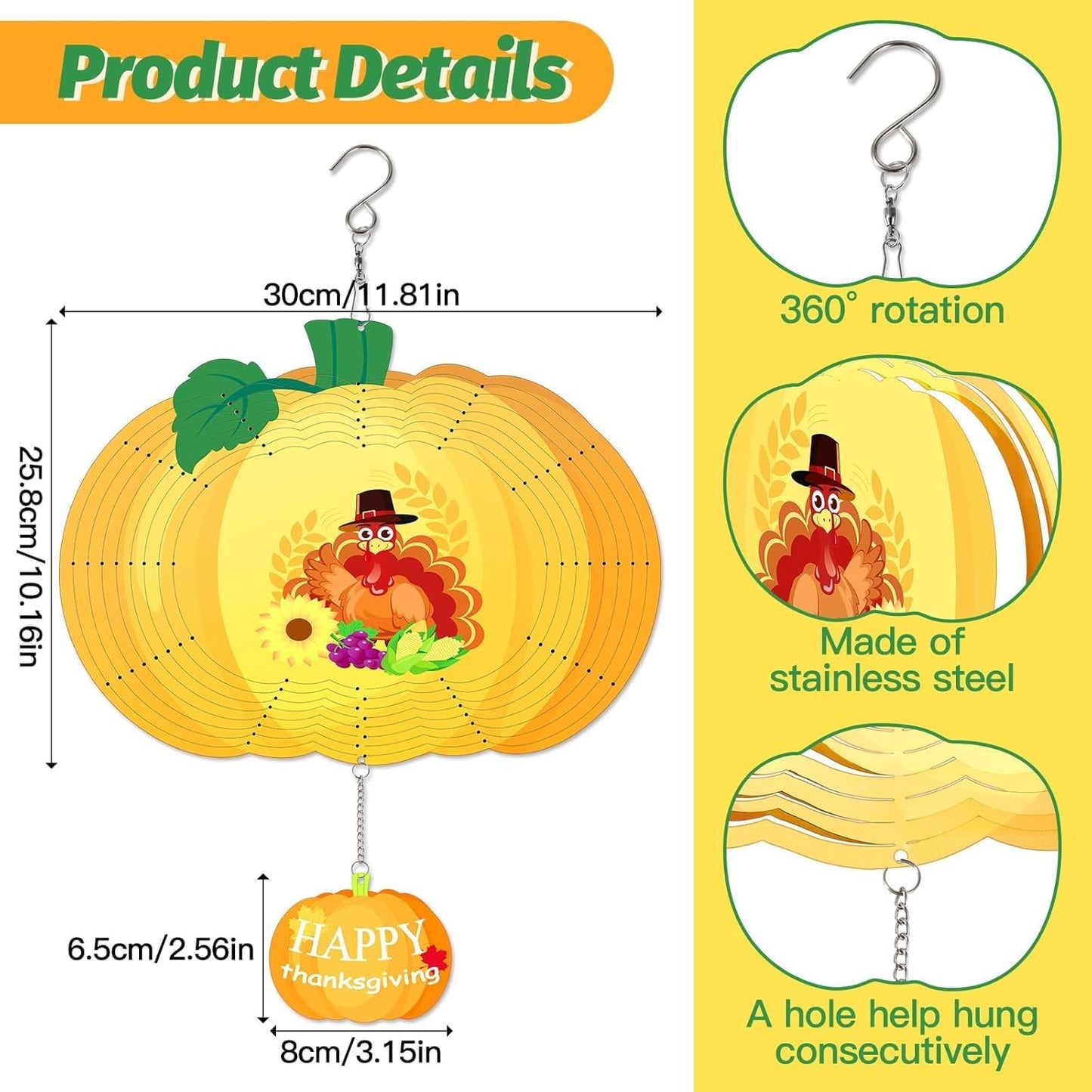Thanksgiving Wind Spinners Fall Harvest Turkey Pumpkin Wind Spinner 3D Stainless Steel Hanging Wind Sculptures for Indoor Outdoor Yard Garden Decorations - 11.8 Inch