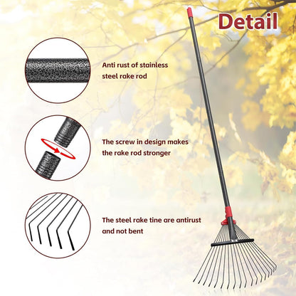 61 Inch Rake for Leaves , Adjustable 18 Tines with Expandable Head 9-18in Grass Rake Heavy Duty Metal Rakes for Women Children Yard Gardener Gardening Grass Debris Lawns
