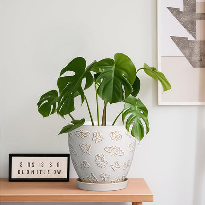 Ceramic Planter Pot - 6.8 Inch Plant Pot with Drainage Hole and Saucer, Succulent Round Flower Pot for Plants Indoor Outdoor, White