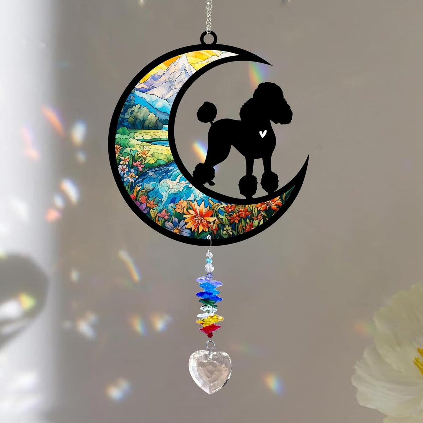 Poodle Suncatcher, Personalized Pet Loss Gift with Name & Date, Heart-Shaped Crystal Sun Catcher, Dog Remembrance Sympathy Rainbow Maker for Window & Garden