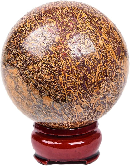 JIC Gem Natural Crystal Sphere Ball with Wooden Stand for Fengshui Golden Jade Healing Crystal Ball Decoation Meditation Energy Reiki Ball (110-120mm)