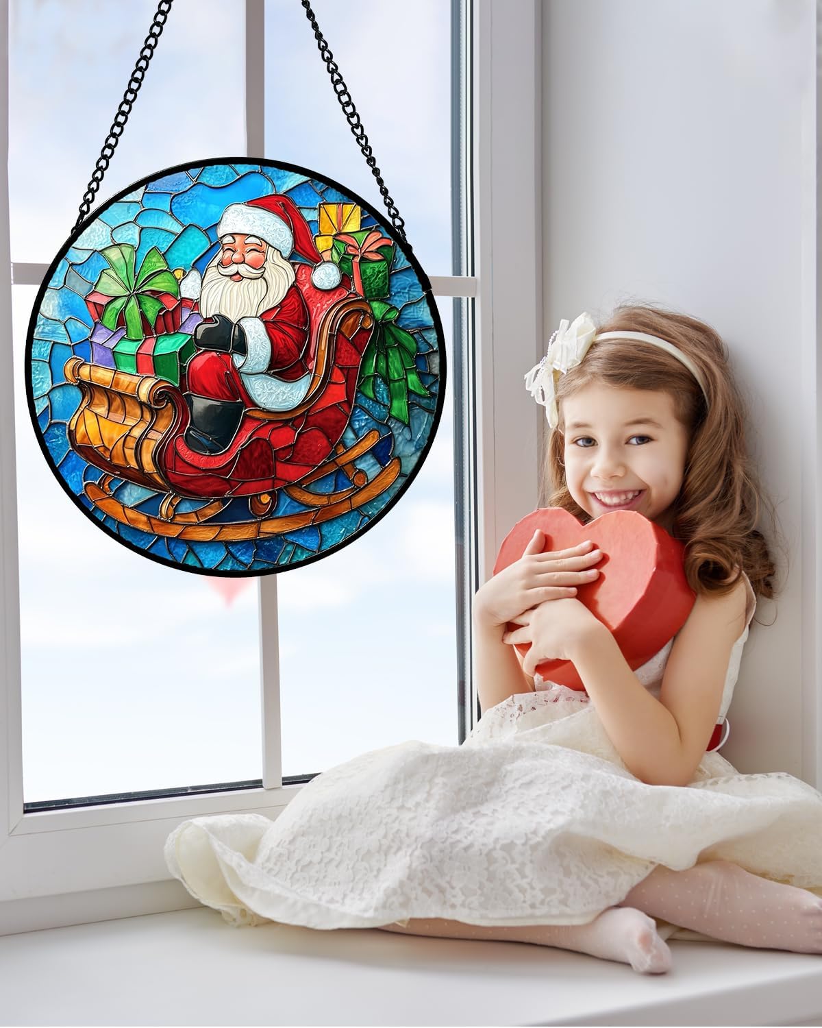 Stained Glass Window Hanging - Red Santa Claus Gift Box Suncatcher for Doors Home Christmas Decoration Winter Sun Catcher Thanksgiving New Year Birthday Gift for Women Men Mom Nana 11.8 in