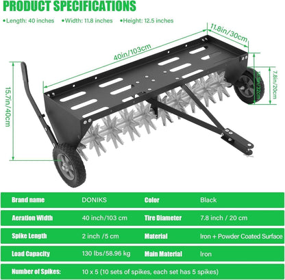 Doniks 40-Inch Tow Behind Plug Aerator with Transport Wheels, Lawn Aerator Tow Behind with Galvanised Steel Tines and Extra-Wide Tow Bar, Pull Behind Aerator for Gardens, Lawns, Farms