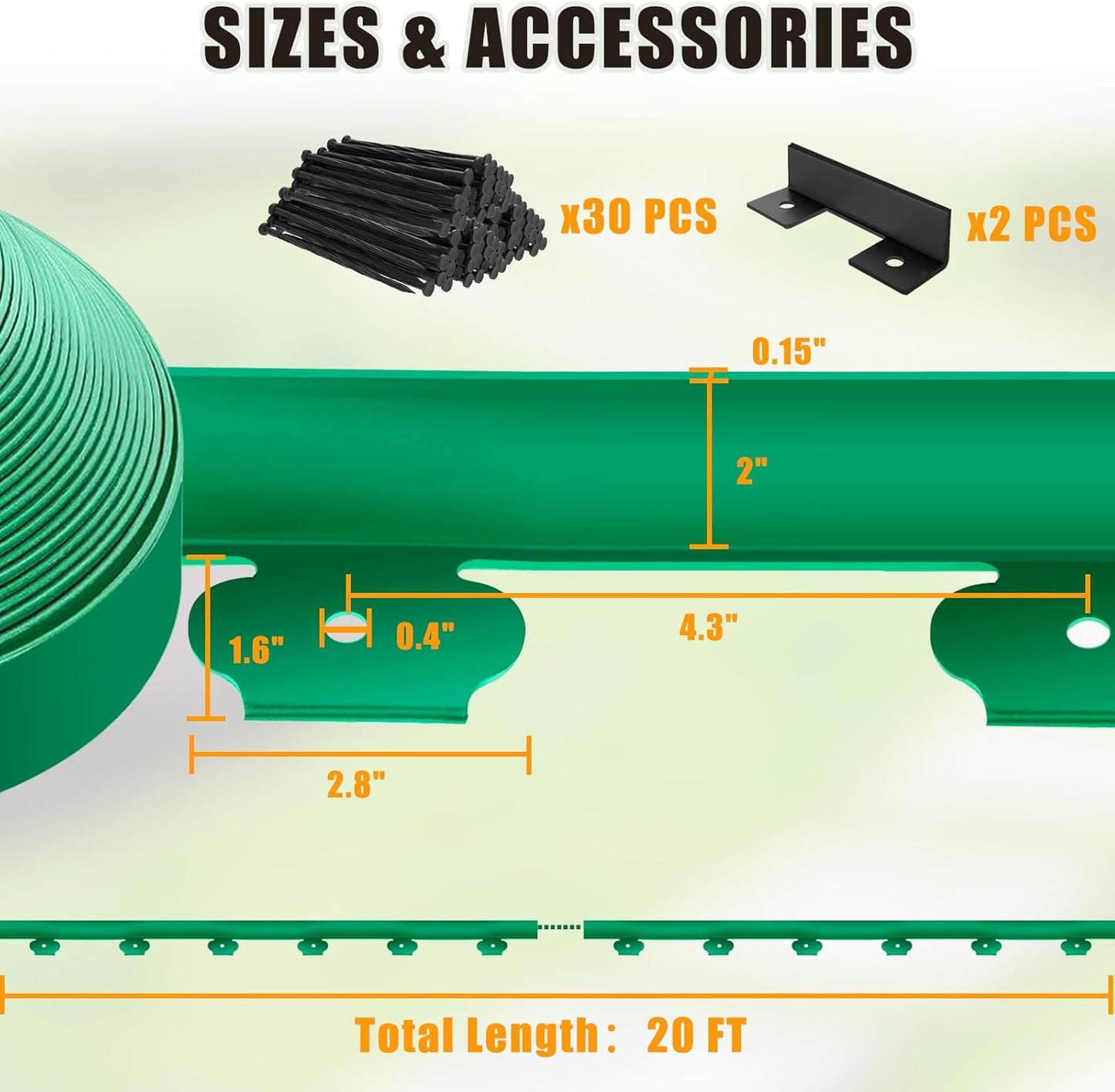 Landscape Edging - 2” Tall Garden Edging Border with 30 Stakes, 20FT No Dig Lawn Edging for Landscaping for Garden Bed, Yard, 0.15" Thick Flower Bed Border Edging with Connector for Outdoor