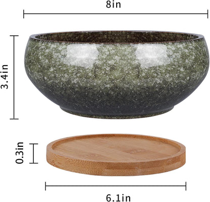 8 Inch Ceramic Bonsai Planter Pot, Glazed Shallow Succulent Planter with Drainage Hole and Bamboo Saucer for Indoor Plants, Brown
