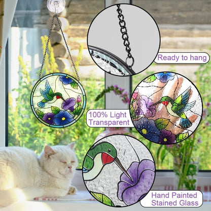 Vindar Hummingbird Suncatcher - Stained Glass Window Hanging, 6 Inch Hand Painted Double Sided Glass Panel, Hummingbird Decor Gift for Mom, Bird Lover
