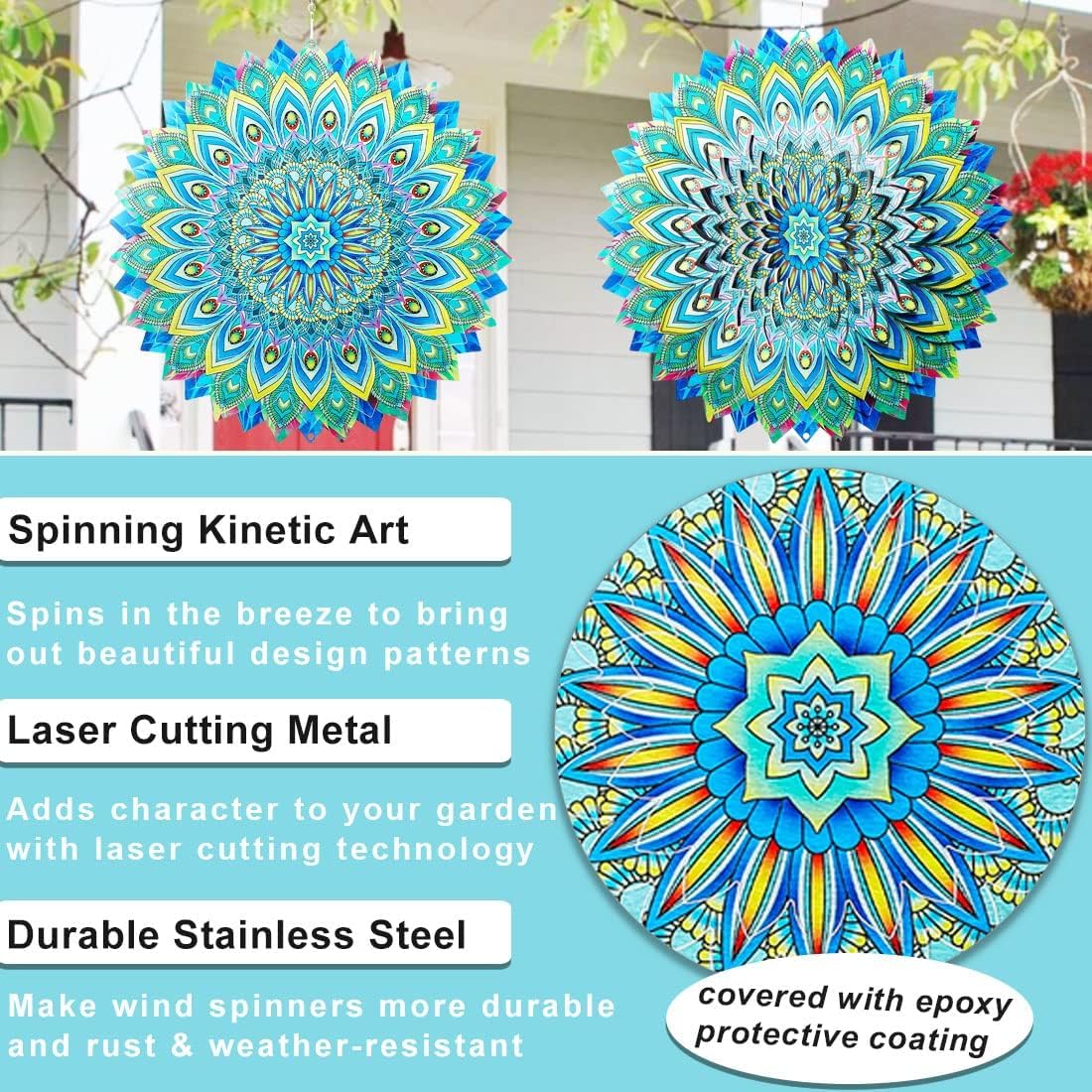 Peacock Wind Spinner,12.1in Green Bird Feather Style Spinner Hanging Ornaments,3D Kinetic Art Garden Sculptures,Sun Catcher Outdoor Metal Large Spinning Yard Decor,Big Craft Decorations for Garden