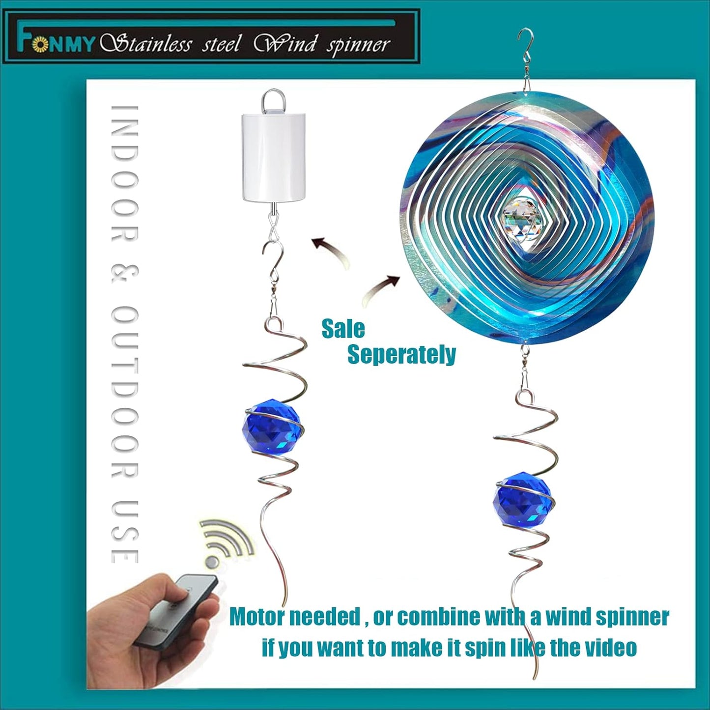 FONMY Gazing Ball Spiral Tail -Decorative Wind Spinner Sun Catcher Rainbow Maker 11 inch Tail and 2 inch Dark Blue Crystal Orb. Indoor Outdoor Garden Decoration -13 inch Height